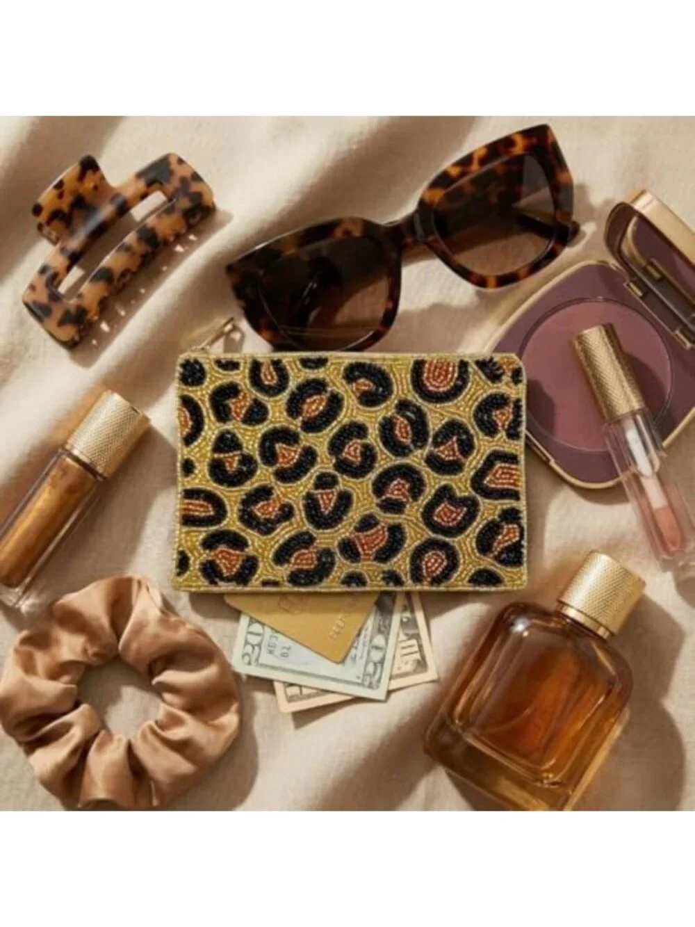 Leopard Print Beaded Coin Purse | Zipper Pouch Wallet for Change & Essentials